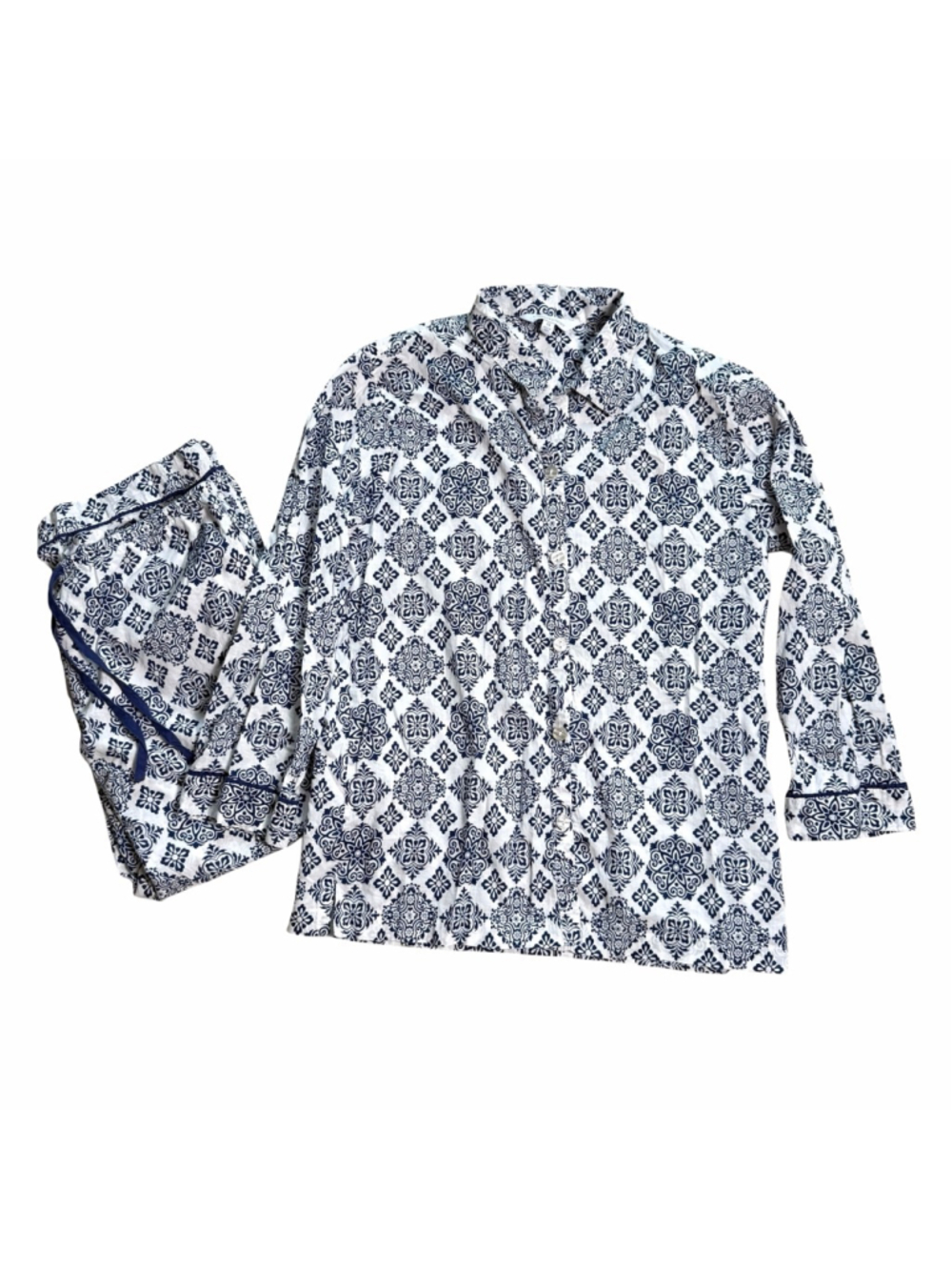 The Company Store Cotton PJ Set Navy Blue/White Size XS Crop/Capri Length